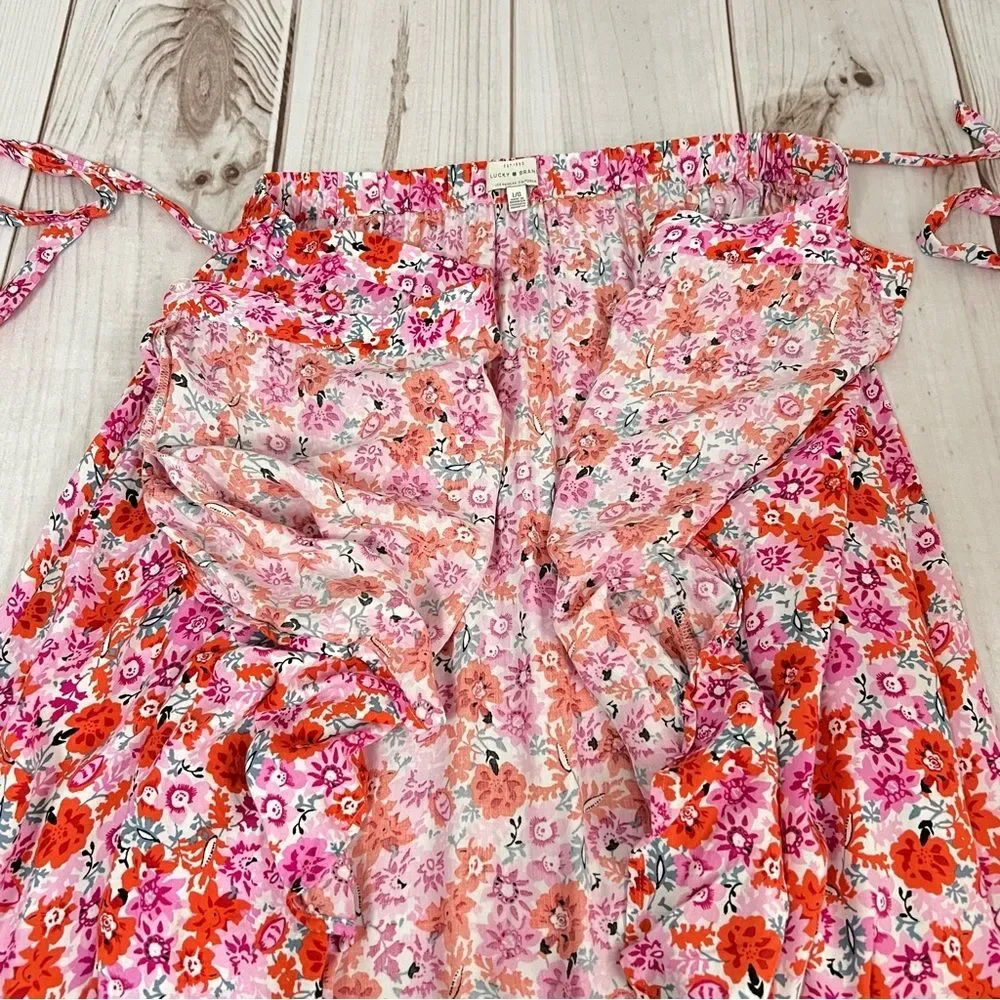 Lucky Brand Womens Wrap Skirt Size Large Pink Orange Floral Maxi Cottagecore